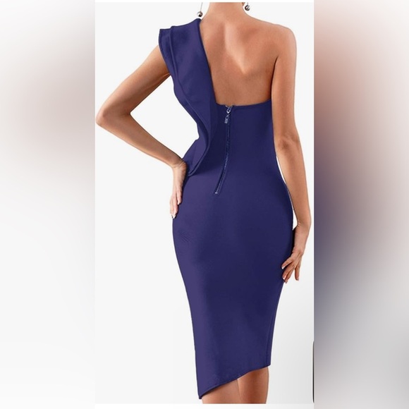 One Shoulder Ruffle Dress Side Split Bodycon Bandage Dress - Picture 2 of 8